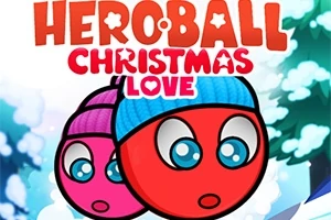Kaksi punaiseksi väritettyä hymiömäistä pallohahmoa sinisissä ja violeteissa pipoissa talvisessa maisemassa, taustalla näkyviä puita ja teksti HEROBALL CHRISTMAS LOVE