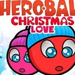 Kaksi punaiseksi väritettyä hymiömäistä pallohahmoa sinisissä ja violeteissa pipoissa talvisessa maisemassa, taustalla näkyviä puita ja teksti HEROBALL CHRISTMAS LOVE