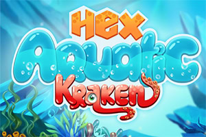 Värikäs merenalainen tausta, jossa on teksti Hex Aquatic Kraken kirkkailla, kuplivilla kirjaimilla ja vesikasvillisuutta