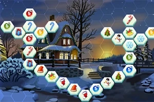 Talvimaisema, jossa on luminen talo, kuusikulmioita ja jouluisia kuvakkeita lumihiutaleilla, piparkakuilla ja lumimiehillä