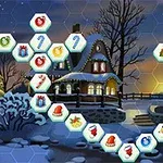 Talvimaisema, jossa on luminen talo, kuusikulmioita ja jouluisia kuvakkeita lumihiutaleilla, piparkakuilla ja lumimiehillä