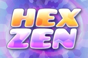 Tekstissä lukee HEX ZEN värikkäällä, heksagonikuvioisella taustalla