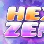 Tekstissä lukee HEX ZEN värikkäällä, heksagonikuvioisella taustalla