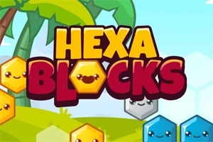 Tekstissä lukee Hexa Blocks värikkäiden hymiökasvojen ympäröimänä, taustalla palmuja ja vaaleansininen taivas