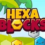 Tekstissä lukee Hexa Blocks värikkäiden hymiökasvojen ympäröimänä, taustalla palmuja ja vaaleansininen taivas
