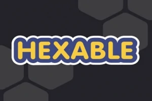 Kuva esittää sanaa HEXABLE sinisellä pohjalla keltaisena tekstinä, taustalla mustia kuusikulmioita