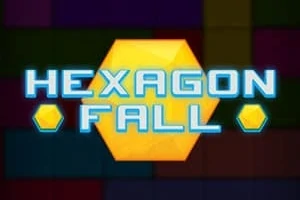 Kuvassa on keltaisella taustalla kuusikulmio, jonka päällä lukee HEXAGON FALL sinisillä kirjaimilla