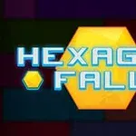Kuvassa on keltaisella taustalla kuusikulmio, jonka päällä lukee HEXAGON FALL sinisillä kirjaimilla