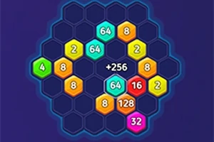 Monivärisiä, numeroituja heksagonisia laattoja on aseteltu siniselle taustalle hexagon-kuvioksi