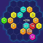 Monivärisiä, numeroituja heksagonisia laattoja on aseteltu siniselle taustalle hexagon-kuvioksi