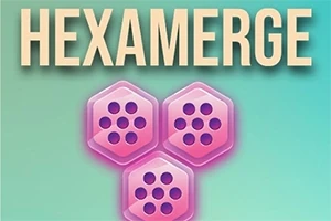 Tekstillä HEXAMERGE varustettu kuva, jossa on kolme pinkkiä kuusikulmioista palaa sinisellä taustalla