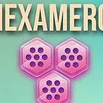 Tekstillä HEXAMERGE varustettu kuva, jossa on kolme pinkkiä kuusikulmioista palaa sinisellä taustalla