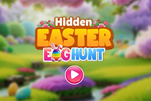Värikäs tausta, jossa on kukkivat puut, vihreää ruohoa ja värikkäitä pääsiäismunia, sekä suuret kirjaimet tekstillä Hidden Easter Egg Hunt ja vaaleanpunainen soittopainike keskellä