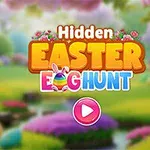 Värikäs tausta, jossa on kukkivat puut, vihreää ruohoa ja värikkäitä pääsiäismunia, sekä suuret kirjaimet tekstillä Hidden Easter Egg Hunt ja vaaleanpunainen soittopainike keskellä