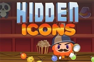 Piirroskuva, jossa on etsivään pukeutunut hahmo suurennuslasi kädessään, taustalla kirjahylly ja teksti Hidden Icons