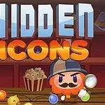 Piirroskuva, jossa on etsivään pukeutunut hahmo suurennuslasi kädessään, taustalla kirjahylly ja teksti Hidden Icons