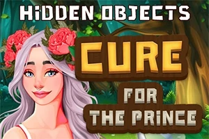 Nainen kukkaseppele päässä metsätaustalla ja tekstit Hidden Objects sekä Cure for the Prince