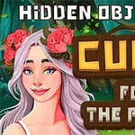 Nainen kukkaseppele päässä metsätaustalla ja tekstit Hidden Objects sekä Cure for the Prince