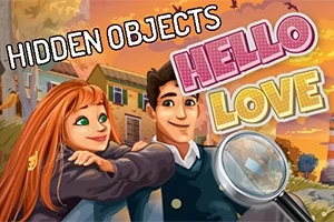Nuori punatukkainen nainen ja mies seisovat yhdessä taustallaan kaupunkimaisema, suurennuslasi, ja teksti HIDDEN OBJECTS HELLO LOVE