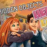 Nuori punatukkainen nainen ja mies seisovat yhdessä taustallaan kaupunkimaisema, suurennuslasi, ja teksti HIDDEN OBJECTS HELLO LOVE