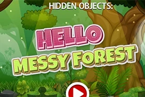 Hello Messy Forest -peliotsikko vihreässä metsämaisemassa, jossa on puita ja lehtiä, sekä punainen play-painike