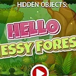 Hello Messy Forest -peliotsikko vihreässä metsämaisemassa, jossa on puita ja lehtiä, sekä punainen play-painike