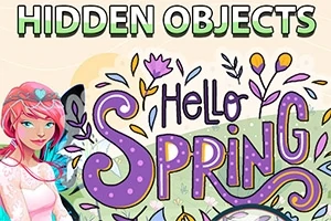 Nuori nainen vaaleanpunaisilla hiuksilla ja keväisiä kukkia, teksti Hello Spring