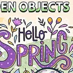 Nuori nainen vaaleanpunaisilla hiuksilla ja keväisiä kukkia, teksti Hello Spring
