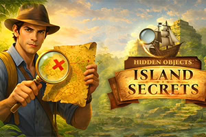 Seikkailija pitää karttaa ja suurennuslasia trooppisen saaren maisemassa, vieressä kompassi ja kyltti tekstillä Island Secrets