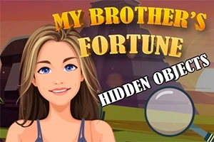 Piirroshahmo hymyilee etualalla, taustalla näkyy rakenne, ja kuvassa lukee MY BROTHERS FORTUNE ja HIDDEN OBJECTS
