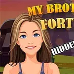 Piirroshahmo hymyilee etualalla, taustalla näkyy rakenne, ja kuvassa lukee MY BROTHERS FORTUNE ja HIDDEN OBJECTS