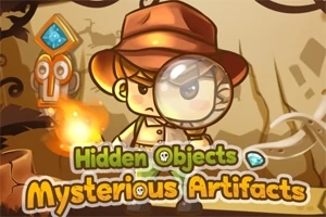 Sarjakuvahahmo, jolla on suurennuslasi ja tutkijan hattu, ympäröitynä mysteerisillä artifakteilla ja teksteillä Hidden Objects ja Mysterious Artifacts