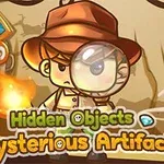 Sarjakuvahahmo, jolla on suurennuslasi ja tutkijan hattu, ympäröitynä mysteerisillä artifakteilla ja teksteillä Hidden Objects ja Mysterious Artifacts