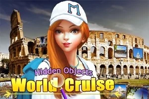 Nuori nainen lippalakissa Colosseumin edessä, taustalla teksti Hidden Objects World Cruise