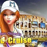 Nuori nainen lippalakissa Colosseumin edessä, taustalla teksti Hidden Objects World Cruise