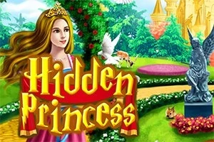 Kuvassa on prinsessa kultaisessa kruunussa puutarhassa, jossa on veistos, värikkäitä kasveja ja teksti Hidden Princess