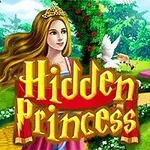 Kuvassa on prinsessa kultaisessa kruunussa puutarhassa, jossa on veistos, värikkäitä kasveja ja teksti Hidden Princess