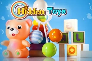 Vaaleansinistä taustaa vasten on nalle, värikkäitä leluja ja palikoita, joiden yläpuolella lukee Hidden Toys