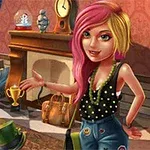 Nuori nainen, jolla on vaaleanpunaiset ja keltaiset hiukset, seisoo sisustetussa huoneessa osoittaen esineisiin kuten pokaaliin ja matkalaukkuun takan edessä