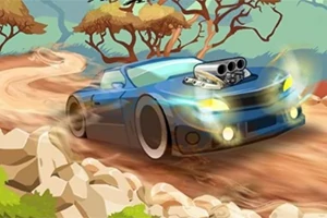 Sininen auto ajaa mutkaista hiekkatietä kivien ja puiden ympäröimänä kirkkaiden ajovalojen loistaessa