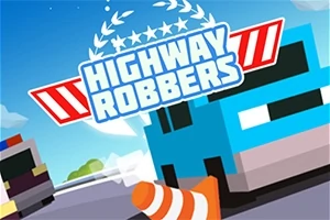 Sininen auto ja liikennekartio tiellä, taustalla sininen taivas, keskellä teksti Highway Robbers