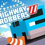 Sininen auto ja liikennekartio tiellä, taustalla sininen taivas, keskellä teksti Highway Robbers