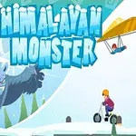 Lumimaisemassa suuri, harmaa hirviö ja ihmisiä lentämässä riippuliitimellä ja ajamassa skootterilla, taustalla vuorijono