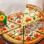 Pizzalohko höyryää lautasella värikkäin täyttein ja logossa hymyilevä kokki-hamppu
