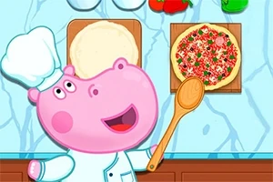 Vaaleanpunainen sarjakuvahippo pukeutuneena kokin hattuun ja esiliinaan valmistamassa pizzaa