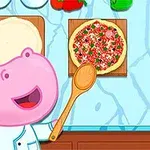 Vaaleanpunainen sarjakuvahippo pukeutuneena kokin hattuun ja esiliinaan valmistamassa pizzaa