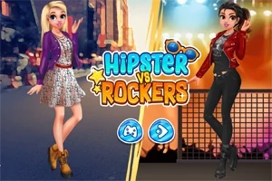 Kuvassa on kaksi naishahmoa, joista toinen pukeutuu hipster-tyyliin kukkamekossa ja violettissa takissa, toinen taas rock-henkisesti nahkatakissa ja mustissa housuissa, keskellä teksti Hipster vs Rockers