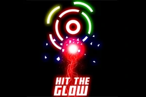 Värikkäitä neonvalokehiä ja punainen hehkuva pallo mustalla taustalla, sekä teksti Hit the Glow