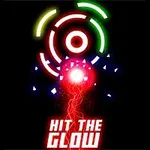 Värikkäitä neonvalokehiä ja punainen hehkuva pallo mustalla taustalla, sekä teksti Hit the Glow