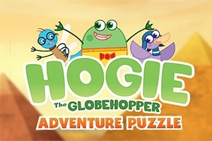 Kolme piirrettyä hahmoa, sininen ja vihreä hyönteinen sekä violetti lintu, iloisina keltaista taustaa vasten, tekstin Hogie the Globehopper: Adventure Puzzle yläpuolella
